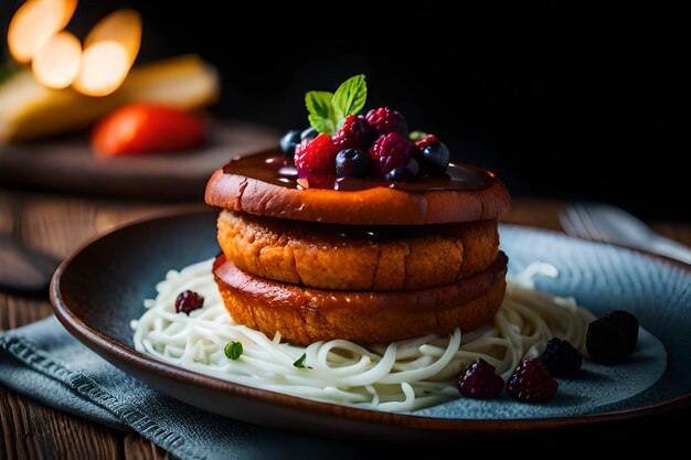 Foto uma pilha de panquecas com bagas e um prato de panqueques com um fogo ao fundo