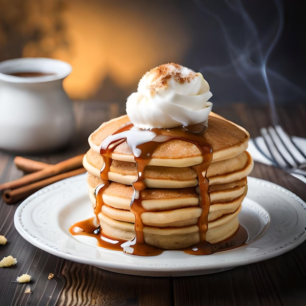 Uma pilha de panquecas com chantilly e calda por cima.