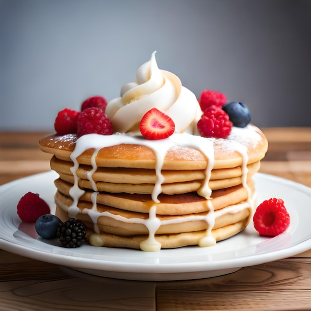 Uma pilha de panquecas com chantilly e frutas em cima.