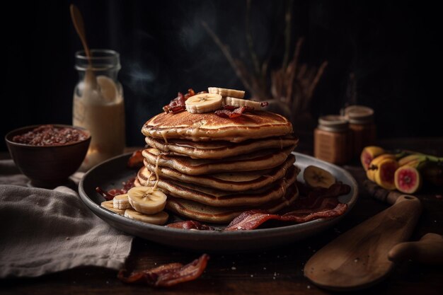 Uma pilha de panquecas com fatias de banana e bacon ao lado.