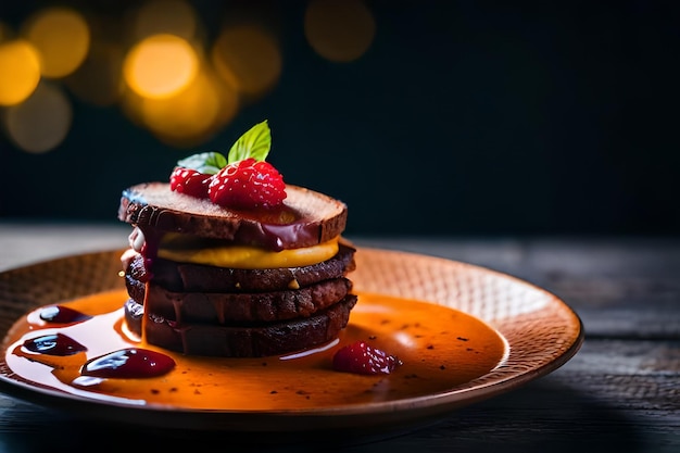 uma pilha de panquecas com framboesas e chocolate em cima