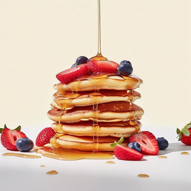 Uma pilha de panquecas com frutas e calda por cima.