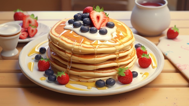 Uma pilha de panquecas com frutas e creme por cima