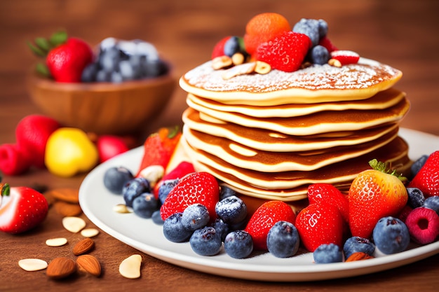 Uma pilha de panquecas com frutas e mirtilos no topo