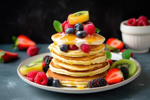 Uma pilha de panquecas com frutas por cima