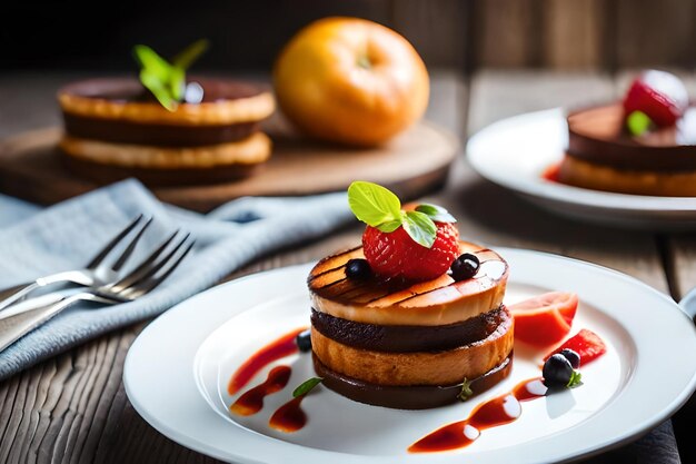 Uma pilha de panquecas com morangos e chocolate em cima.