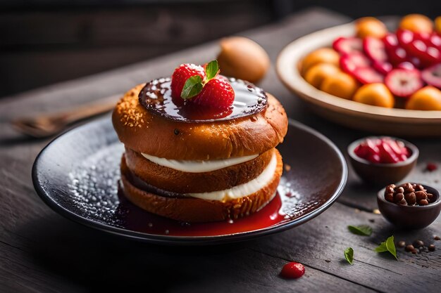 uma pilha de panquecas com morangos e um prato de comida