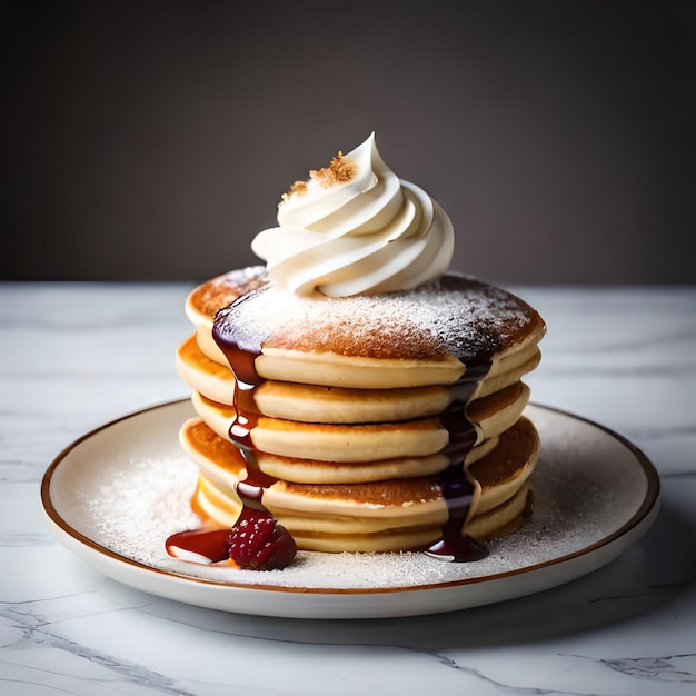 Uma pilha de panquecas com uma colherada de chantilly por cima.