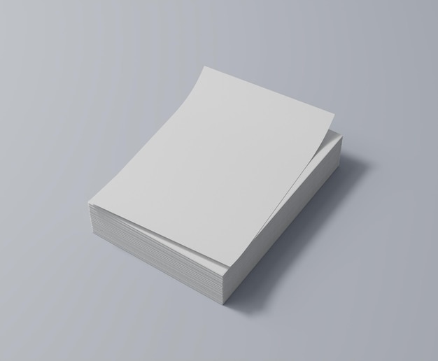 Uma pilha de papel branco é colocada no chão, a4, a3, folheto em branco, pôster, empilhado, 3d, renderização em 3d