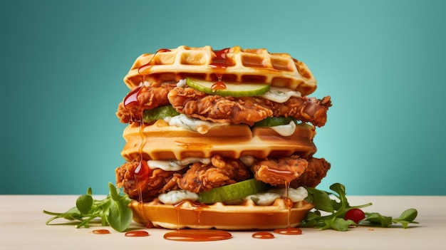 Uma pilha de pedaços de frango frito crocante e waffles fofinhos empilhados um em cima do outro