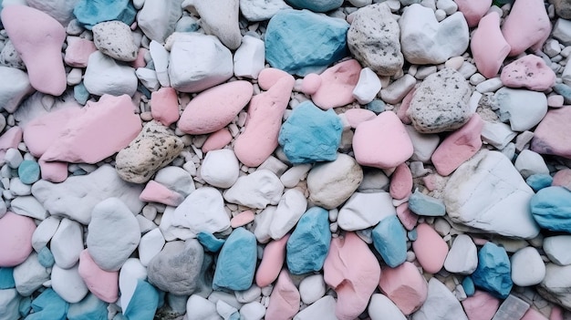 Uma pilha de pedras com cores rosa e azuis