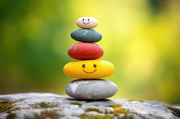 Foto uma pilha de pedras com rostos sorridentes pintados representando a felicidade