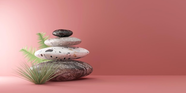 Uma pilha de pedras em um fundo rosa