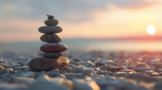 Uma pilha de pedras equilibradas ao pôr-do-sol numa praia de seixos