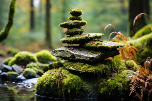 Uma pilha de pedras planas e redondas equilibrando-se em um tronco coberto de musgo