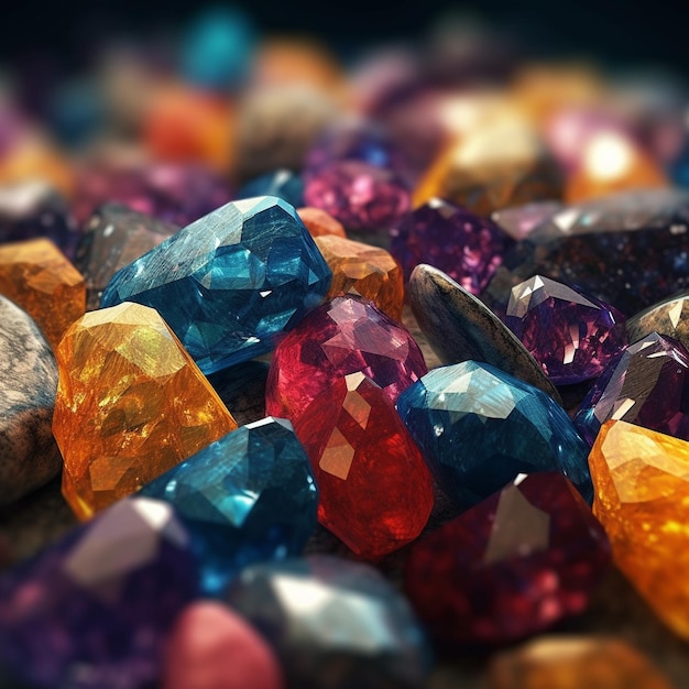 uma pilha de pedras preciosas com uma pedra azul e roxa no meio.