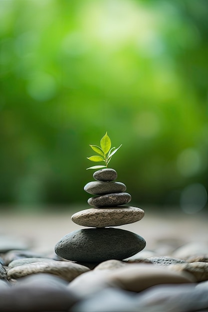 Uma pilha de pedras zen com uma planta no topo.