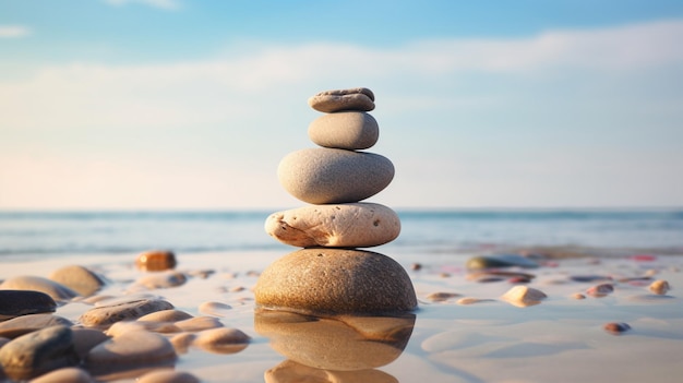 Uma pilha de pedras zen equilibrada numa praia com maré baixa