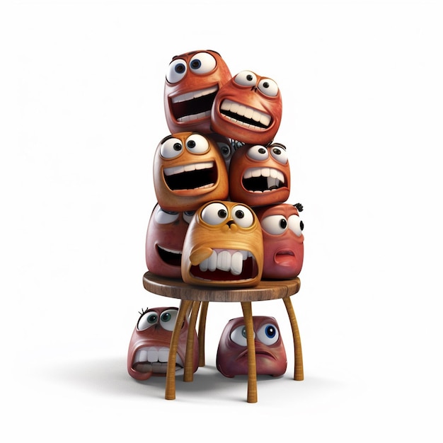 Uma pilha de personagens de desenhos animados vermelhos e marrons com a boca aberta e a boca aberta.