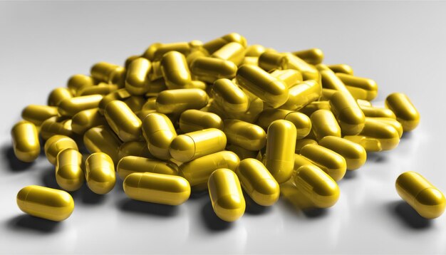 Uma pilha de pílulas amarelas sobre um fundo branco