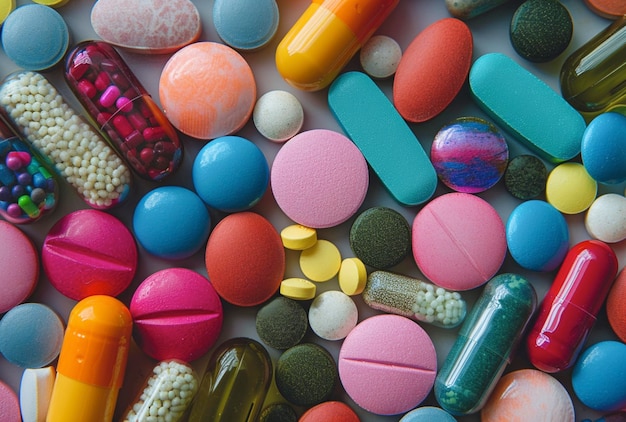 Uma pilha de pílulas multicoloridas, incluindo uma que diz: 