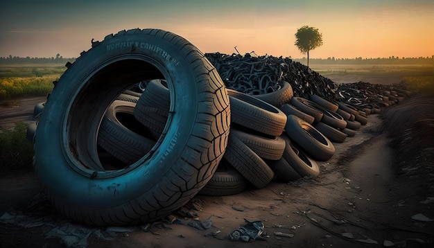 Foto uma pilha de pneus em um campo com uma árvore ao fundo