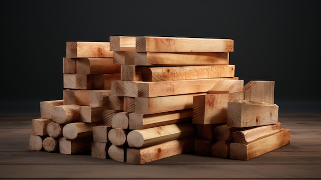 Uma pilha de pranchas de madeira e uma pilha de tijolos