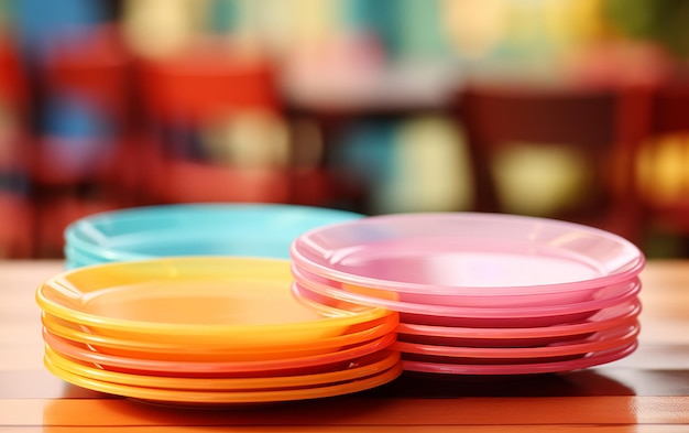 Uma pilha de pratos de cores vivas dispostos cuidadosamente em uma mesa de madeira criando uma harmonia e visual