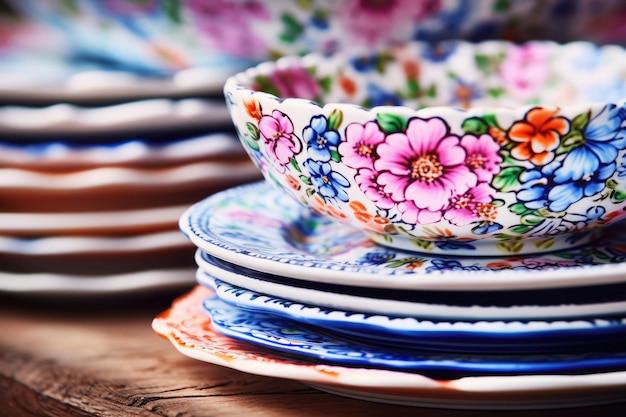 Uma pilha de pratos de porcelana com padrão floral folclórico vintage Ilustração generativa de IA