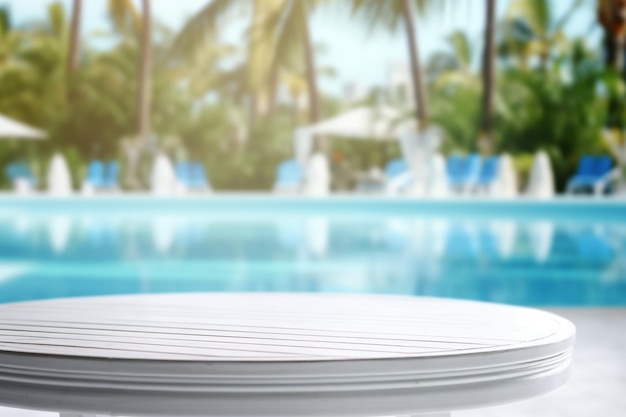 Uma pilha de pratos fica em frente a uma piscina com palmeiras ao fundo.