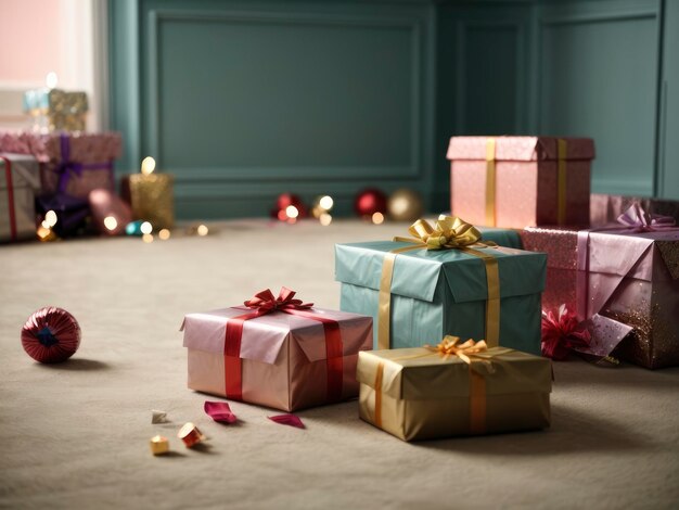 uma pilha de presentes sentados no chão ao lado de uma árvore de Natal