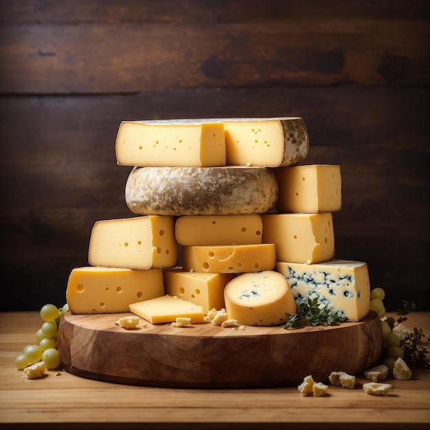 Uma pilha de queijo delicioso na mesa de madeira e fundo de madeira