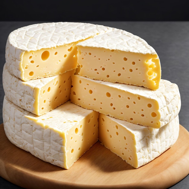 Uma pilha de queijos com buracos no fundo.