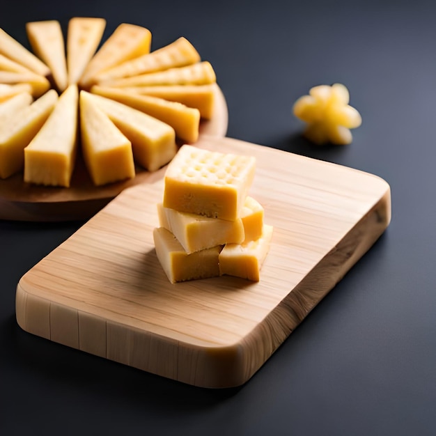 Foto uma pilha de queijos em uma tábua de corte com uma placa de madeira à direita.