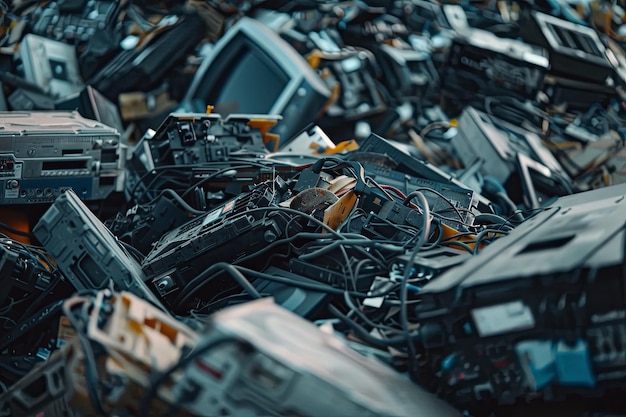 Foto uma pilha de resíduos eletrônicos ao fundo