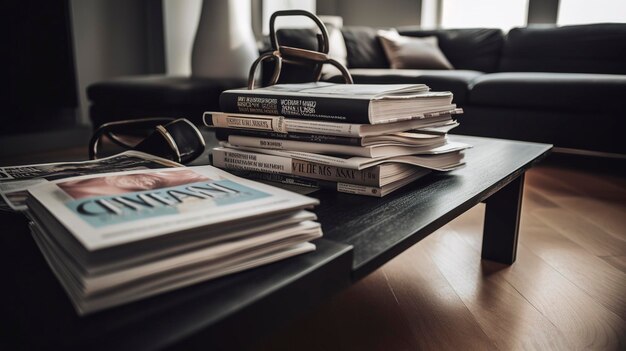 Uma pilha de revistas de fitness e livros em uma mesa de café