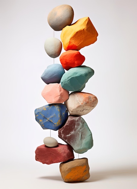 Foto uma pilha de rochas coloridas com uma azul e amarela na parte inferior