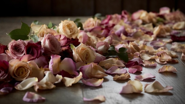 Uma pilha de rosas sobre uma mesa com uma delas sendo seca.