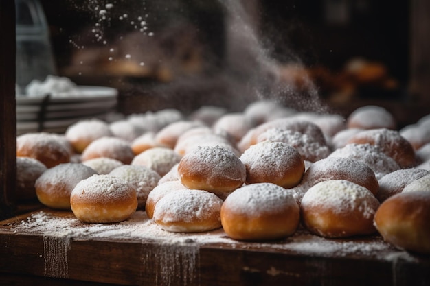 Uma pilha de rosquinhas em pó polvilhadas com açúcar em pó.