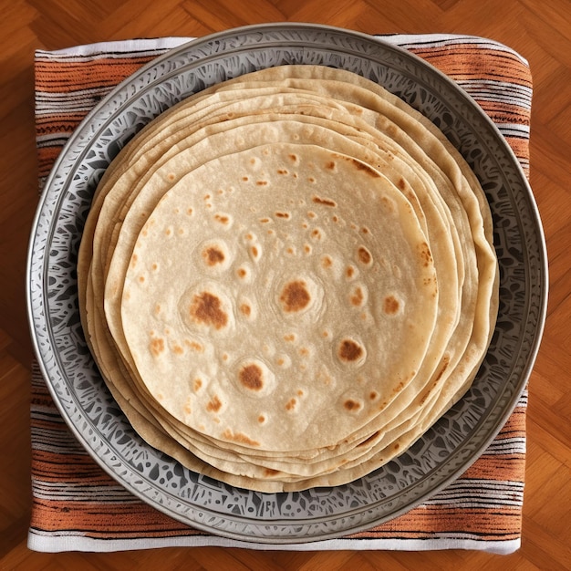 Uma pilha de roti chapati isolada em uma cesta de madeira e um fundo de madeira