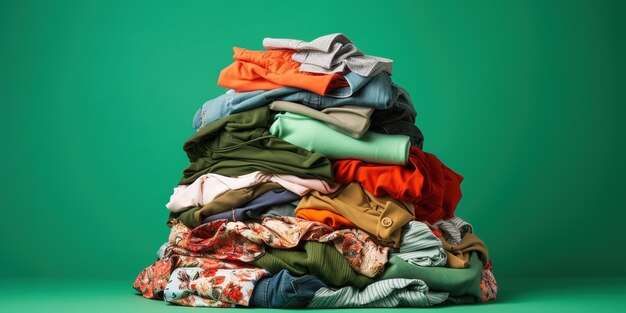 Foto uma pilha de roupas para reciclagem sobre um fundo verde