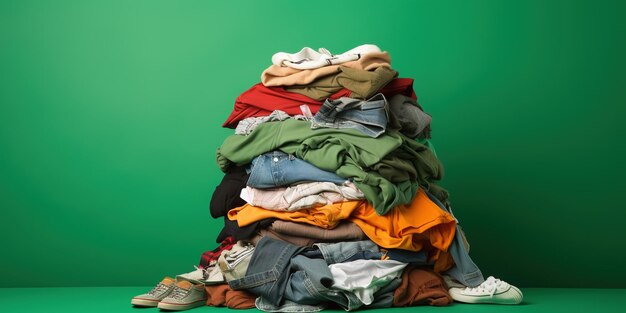 Uma pilha de roupas para reciclagem sobre um fundo verde