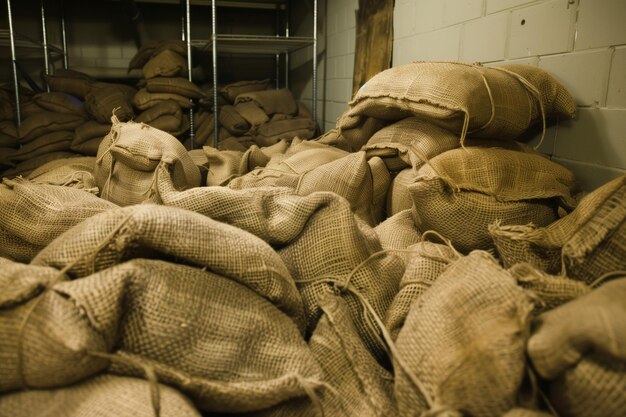 Foto uma pilha de sacos de lã em um armazém