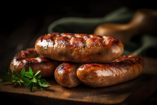 Uma pilha de salsichas em uma placa de madeira