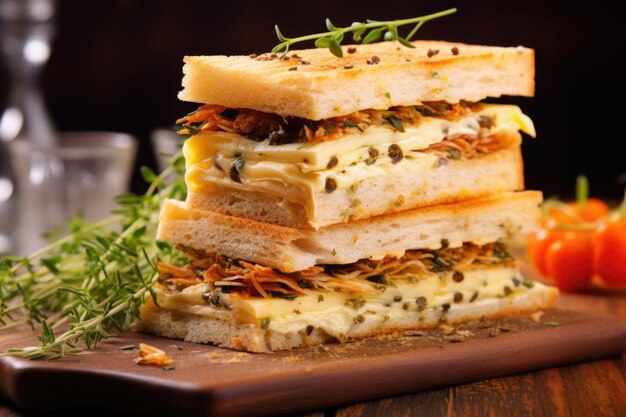 Uma pilha de sanduíche de queijo gourmet multicamadas