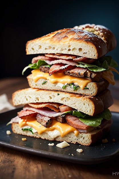 Uma pilha de sanduíches com bacon, queijo e bacon por cima.