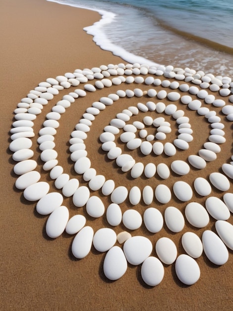 Uma pilha de seixos brancos formando um padrão circular em uma praia de areia