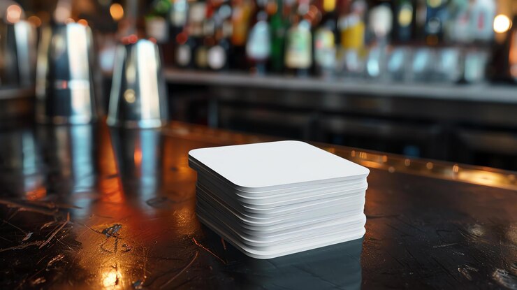 Foto uma pilha de sobremesas quadradas brancas em branco em um balcão de bar com garrafas desfocadas e equipamentos de bar no fundo