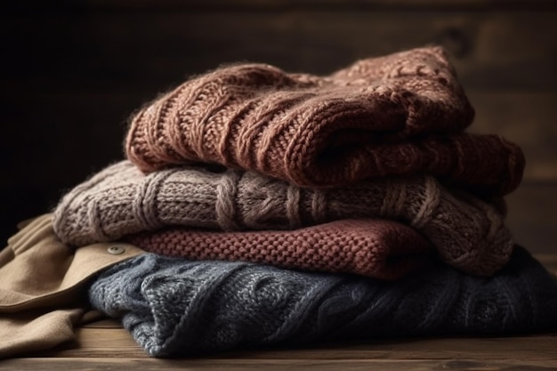 Uma pilha de suéteres com uma etiqueta que diz 'lã'