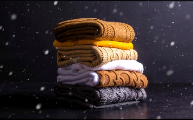 uma pilha de suéteres de inverno de malha em vários tons de amarelo em fundo preto caindo neve